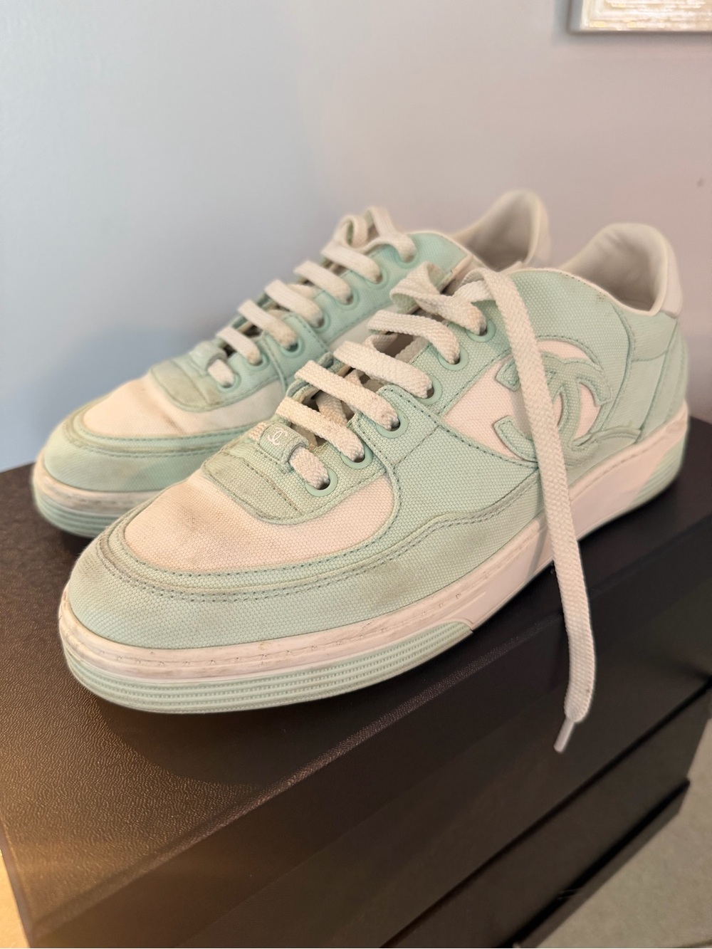CHANEL Mint Green and Cream Low-Top Sneakers with CC Logo